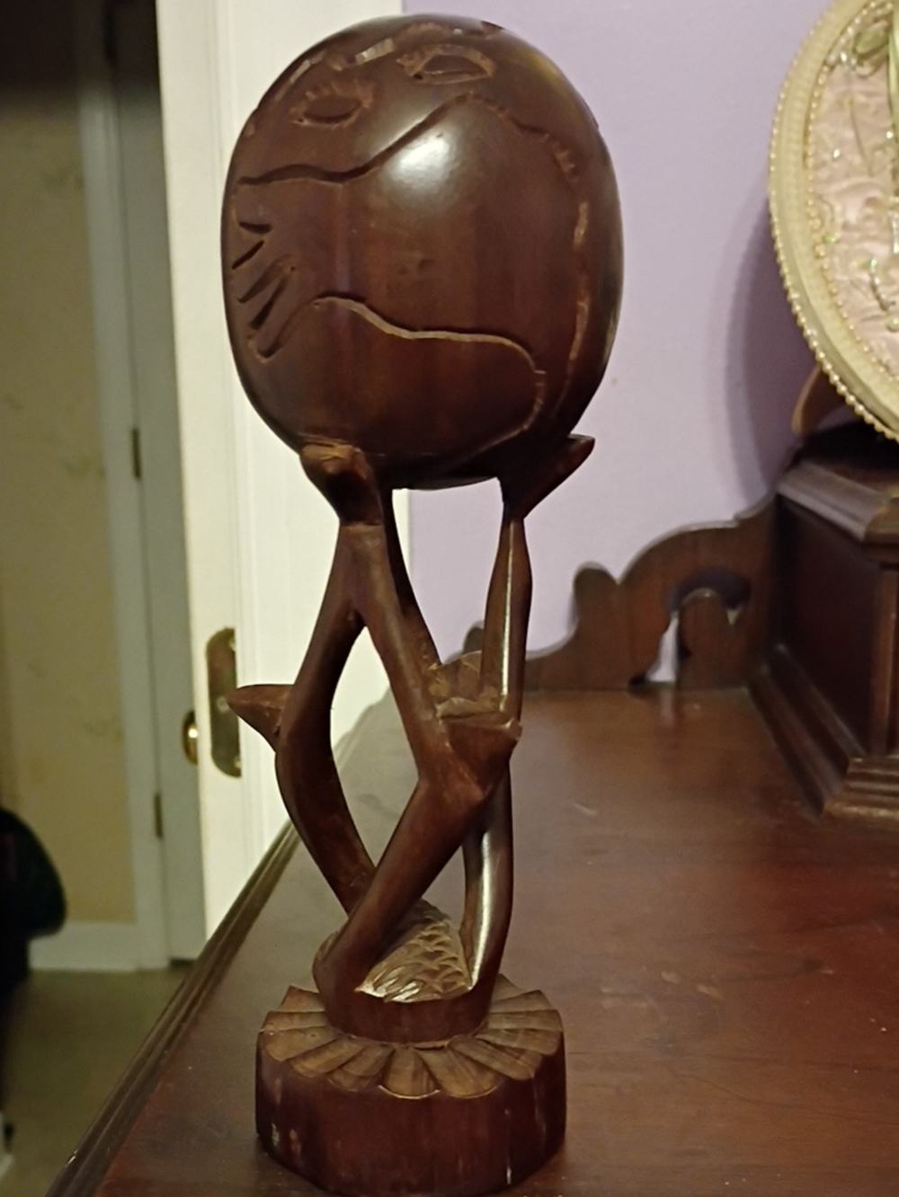 Hand-Carved Brown Wooden Globe Sculpture - Home Art Circle Of Friends